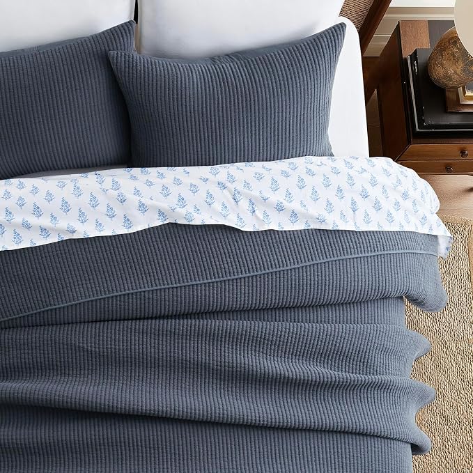 EVERGRACEHOME Cotton Ribbed Matelassé Coverlet Set, Queen, Midnight Blue | Soft Lightweight Bedspread, 3 Pieces, Breathable Cozy Oversized Quilted Bedding Set for All Seasons, with 2 Pillow Shams