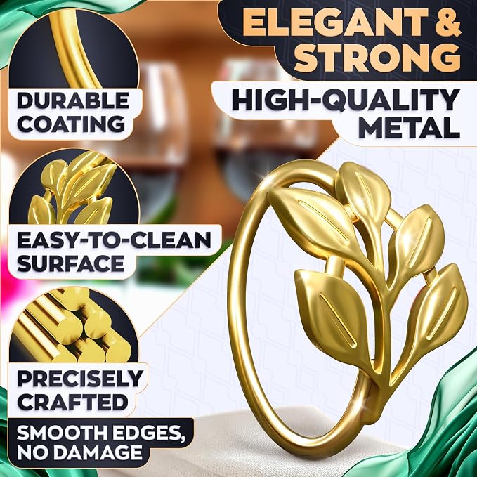 20 Pcs Gold Napkin Rings with Leaf Design, 1.38 Inch Inner Diameter | Decorative Metal Ring Holders for Cloth Napkins - Fall, Thanksgiving & Christmas Table Decor for Weddings & Dinner Parties