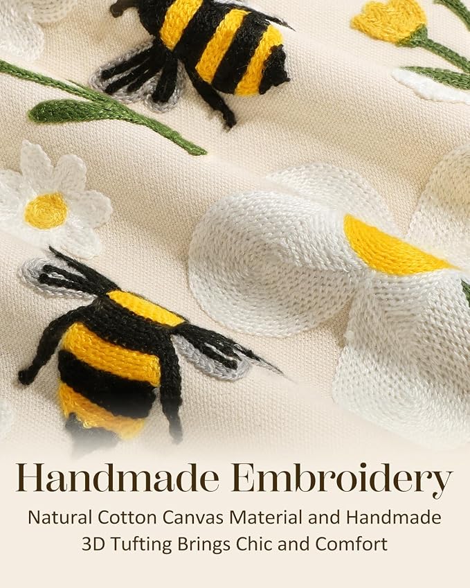 Embroidered Throw Pillow Cover 20x20 Inch, Flower Bee | Decorative Pillow Cover, Floral Farmhouse Cushion Case with Hidden Zipper, Home Decor for Couch, Sofa, Living Room, Bedroom