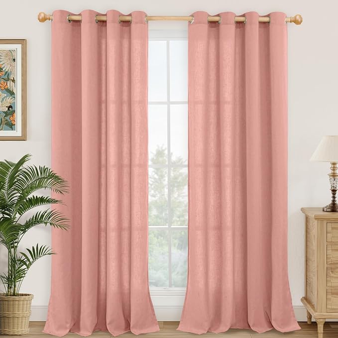 YoungsTex Dusty Rose Pink Linen Curtains 84 Inch Length for Living Room Spring, Blush Peach Semi Sheer Drapes with Grommet Light Filtering for Bedroom, 2 Panels, 52 X 84 Inch
