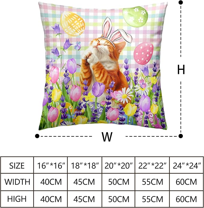 Spring Easter Pillow Covers 24x24 Set of 2 Lovely Cow Cat and Ginger Cat Wearing Bunny Ears Throw Pillow Covers Tulip Floral Pillow Case for Easter Decoration Sofa Patio Garden