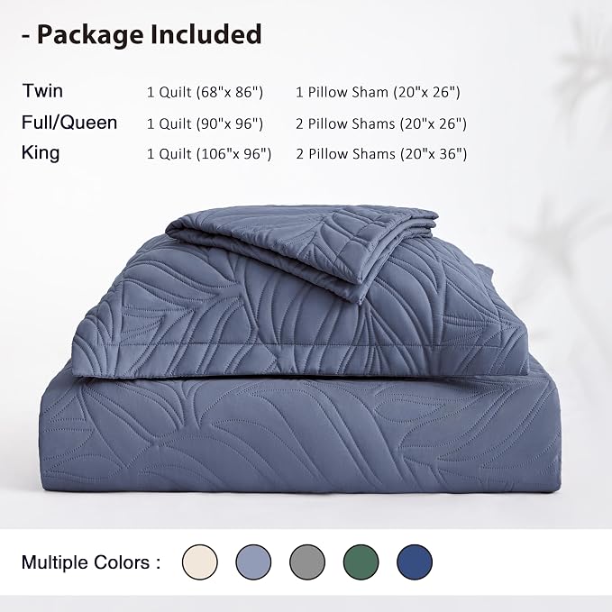 EXQ Home King Quilt Set Leaf Pattern Bluish Grey Bedspread | Soft Microfiber Bedspread, Breathable & Wrinkle-resistant Coverlet. All-season Use for Hot Sleepers. 3-pc Set with 2 Shams