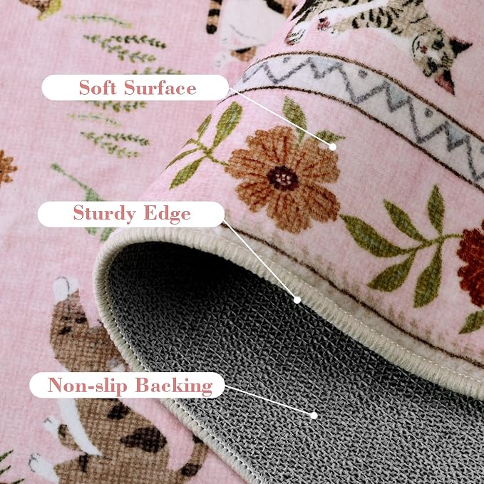 AIMPEAK Pink 2x3 Washable Door Mat - Non Slip Low Pile Cat Floral Boho Small Area Rug for Entryway, Kitchen, Front Door, Indoor Entrance, Kids Room Throw Rug Carpet, Pink Multi