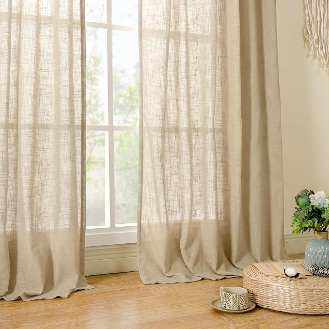 Brown Linen Boho Curtains 68 inch Length 2 Panels, 52 x 68 Inch | Light Filtering, Semi Sheer Panels, Rod Pocket Back Tab, Neutral Drapes for Bedroom, Living Room, Window Treatment