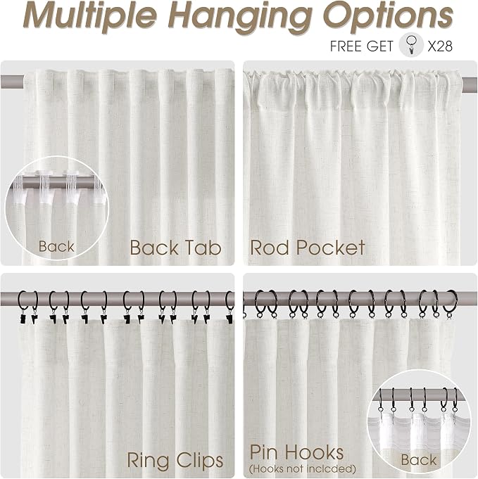 Linen Curtains 90 Inches Long for Living Room Semi Sheer Light Filtering Curtain Back Tab Rod Pocket Neutral Boho Modern Farmhouse Decor Window Drapes for Bedroom 52x90 2 Panels Natural