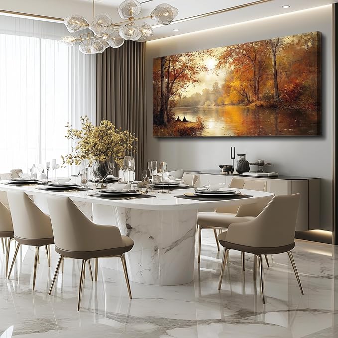 FUHAIHUA Canvas Wall Art For Living Room Large Wall Decor For Bedroom Aesthetics Office Wall Decoration Saffron Yellow Tree Landscape Painting Forest Picture Artwork Ready To Hang Home Decor 24"X48"