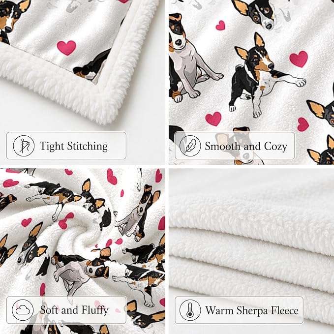 BlessLiving Throw Blanket, White Black Dog Pink Animal, 60x80 in | sherpa fleece fabric, Rat Terrier Dense Pet Blankets Puppy print, for couch or sofa, pet lovers, easy machine care