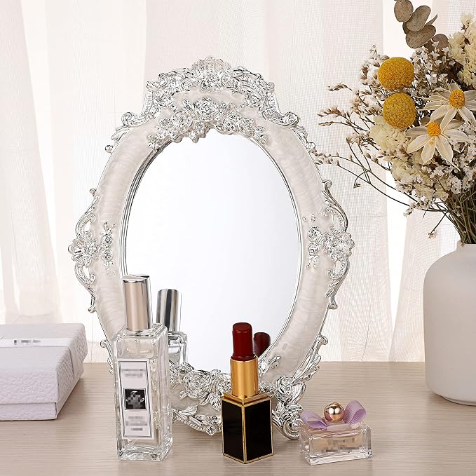 JUXYES Tabletop Dressing Mirror with Stand Desktop Mirror with Rose Decor | Small Antique Embossed Roses Countertop Makeup Mirror, Retro Oval Cosmetic Decorative Mirrors for Dresser Table