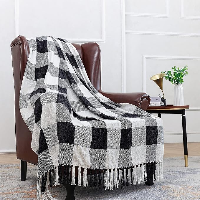 Black White Buffalo Plaid Decor Blanket, Lightweight Soft Chenille Check Knitted Rustic Farmhouse Throw with Tassels for Couch Sofa Chair Bed Office Home, Black and Ivory, 60" x 80"