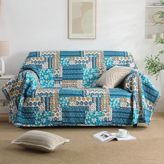 Mybedsoul Boho Quilts Queen Size, Floral Patchwork Bedding Set, Dusty Blue | Soft Lightweight Microfiber Coverlet Set, 3 Pieces Plaid Reversible Bedspread, Bed Sets for All Seasons 96"x90"