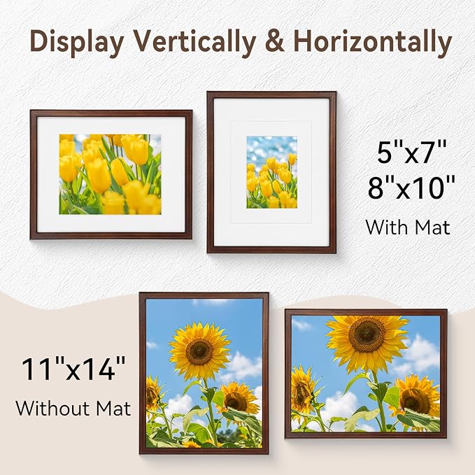 SNAPSHOT 11x14 Picture Frame, Natural Walnut Wood Photo Frame Set with Real HD Glass for Pictures 8x10/5x7 with Mat or 11x14 Without Mat, Gallery Poster Frame for Wall or Tabletop - 2Pcs