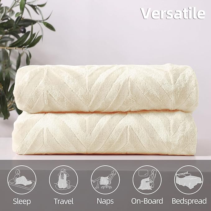 Whale Flotilla Flannel Fleece Throw Blanket for Couch, Ivory | Lightweight Breathable Soft Sofa Throws, Plush Fluffy Chevron Design Decorative Blankets for All Season, 50x60 Inch