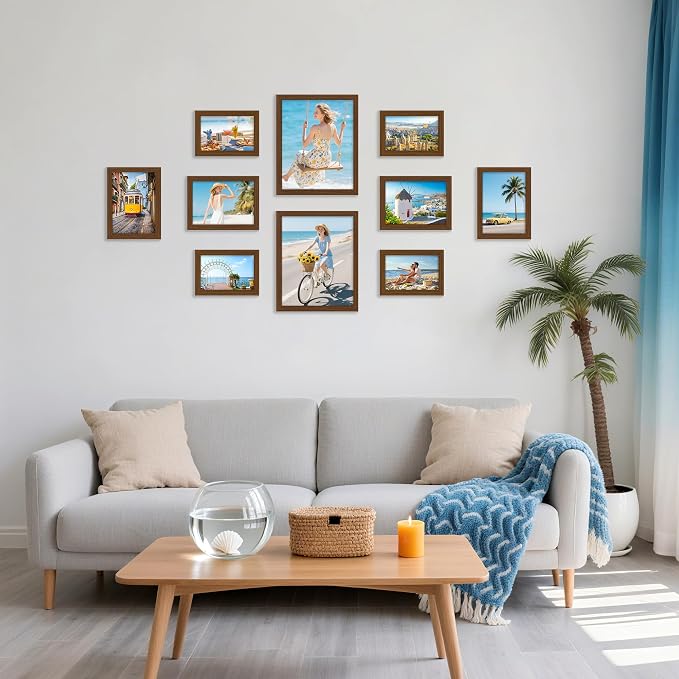 decorUhome 10 Pack Assorted Picture Frame Set for Wall & Tabletop, P0710BN | Brown, Multi Size Picture Frame Includes Two 8x10 / Four 5x7 / Four 4x6 for Family Gallery Wall