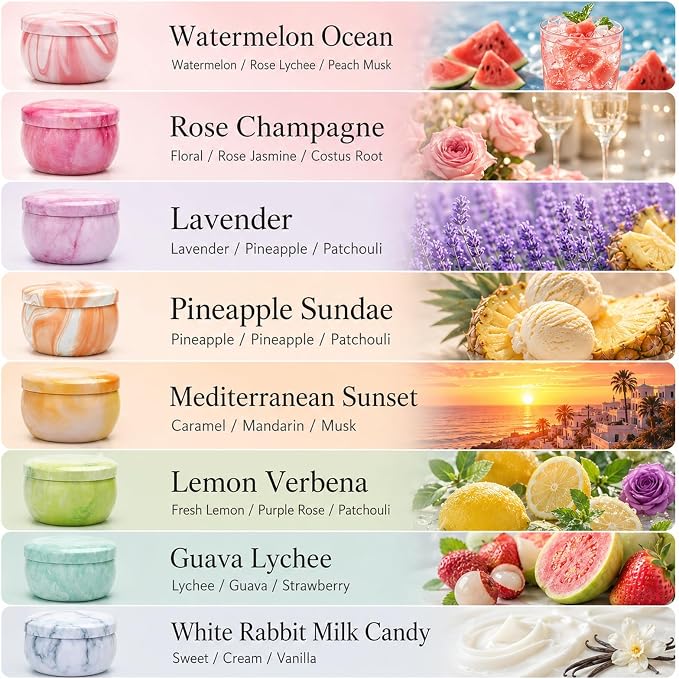 Scented Candles Gift Set, 8 Pack Soy Wax Blend Candles, 70 g Metal Candle Cans with Pastel Marble Cloud Pattern, 8 Assorted Fragrances, Reusable Iron Containers for Home Decor and Gifts