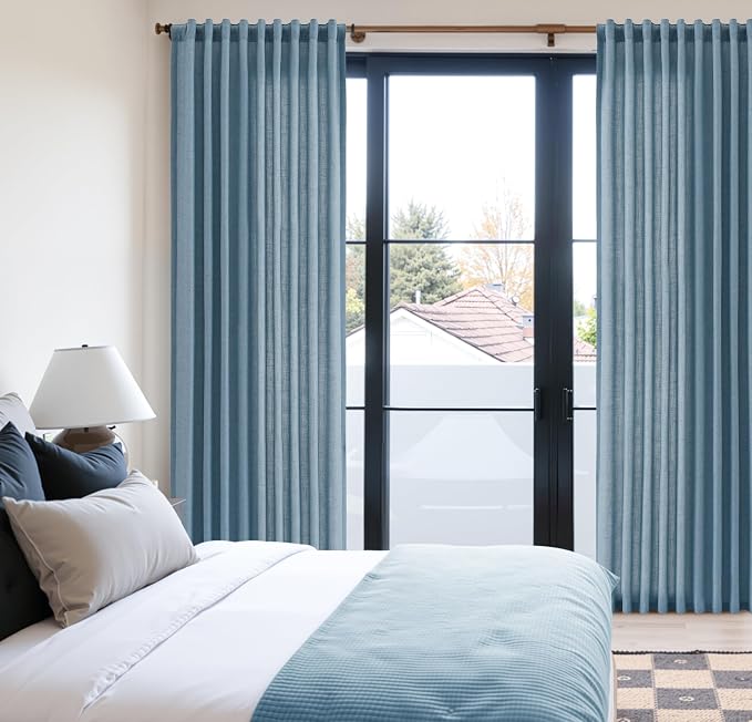Extra Long Linen Curtains 108 Inches for Living Room Back Tab Semi Sheer High Floor to Ceiling 9ft Light Filtering Curtain Boho Farmhouse Decor Window Drapes for Bedroom 2 Panels Blue