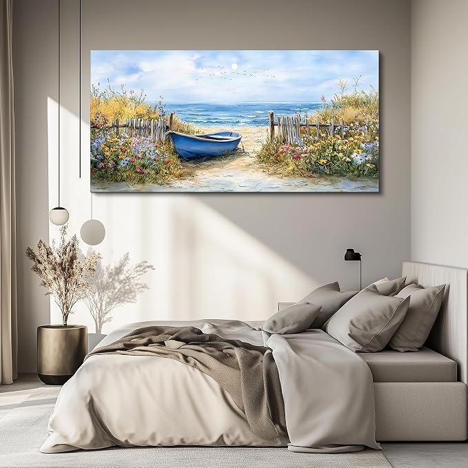 QIYILEXWART Canvas Wall Art For Living Room Large Wall Decor For Office Bedroom Decorations Sea Side Boat Landscape Pictures Farmhouse Painting Artwork Room Wall Mural Aesthetic Home Decor 30x60 In