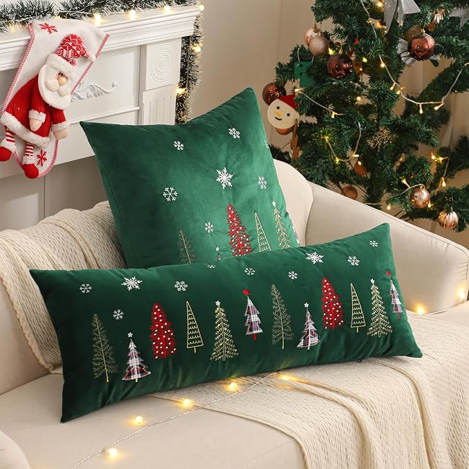 Christmas Embroidery Throw Pillow Covers 14 x 36 inch Christmas Dec Velvet Pillowcases Forest Green Xmas Tree Cushion Pillow Cases Soft Lumbar Holiday Pillowcase(1 Piece)