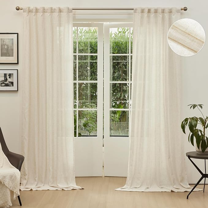 MYSKY HOME Linen Curtains for Sliding Glass Door, Back Tab Semi Sheer Curtain Panels Extra Long Floor Length Drapes Linen Texture Soft Touch Country Curtains, 50x120 Inch, Linen, Set of 2