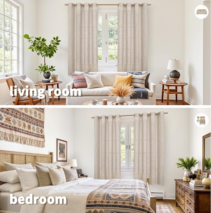 YoungsTex 68 Inch Length Linen Semi Sheer Curtains 2 Panels for Living Room | Light Filtering Textured Drapes with Bronze Grommet Beige Window Treatments for Bedroom Dining, 52 x 68 Inch