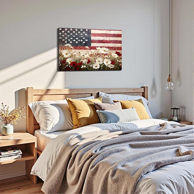 Framed American Flag Wildflower Field Wall Art, Patriotic Rustic Canvas Art Pictures, USA Flag Coastal Meadow Wall Decor, Made in USA Ready to Hang for Living Room Bedroom