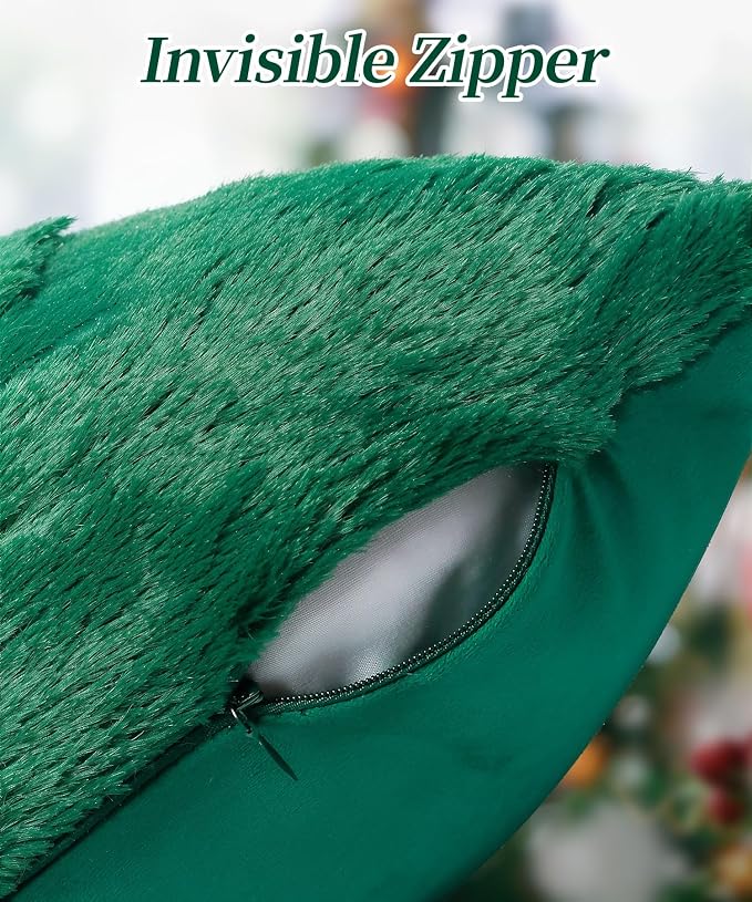 Christmas Pillow Covers Set of 2 Soft Plush Faux Fur Pillow Cases 3D Embroidered Decorative Couch Cover Home Decor Christmas Throw Pillow Covers 18x18,Green Christmas Tree
