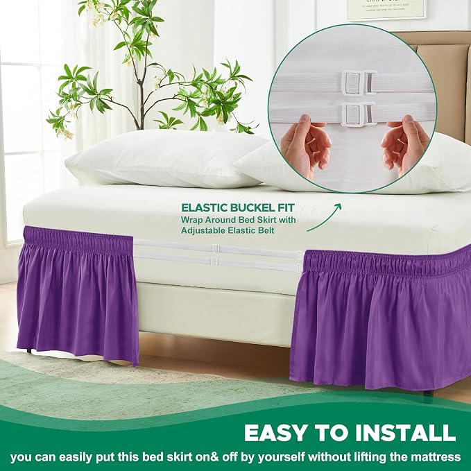 Wrap Around Bed Skirt King Size 15 Inch Drop-Elastic Dust Ruffle Eggplant | Adjustable Pleated Bedskirt-Easy Fit Wrinkle Resistant Washable Hotel Quality Fabric Bed Skirting-Master Guest Bedroom Rental