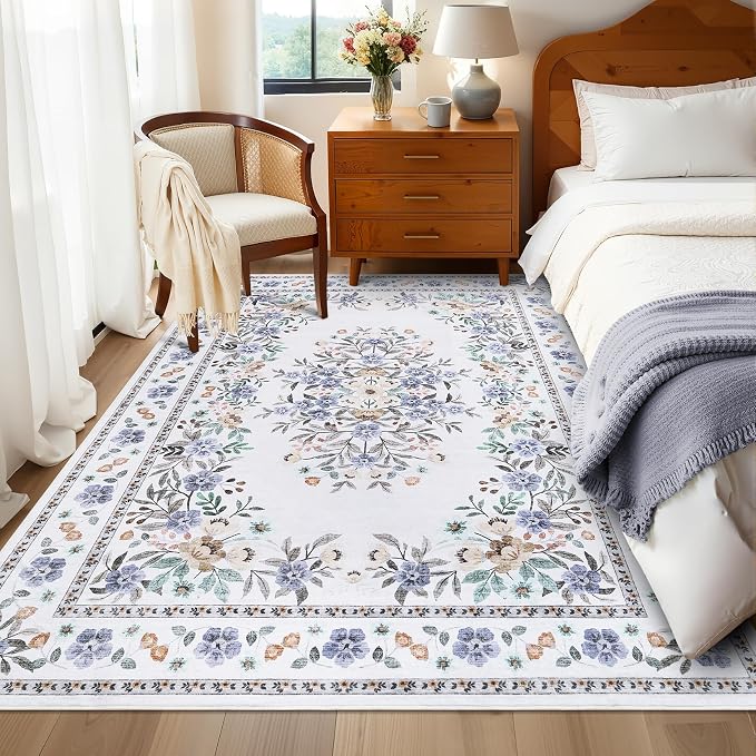 GarveeHome 4x6 Floral Area Rug for Nursery Vintage Botanical Floor Carpets | Machine Washable Flower Bordered Accent Mat Non-Slip Low Pile Floral Rugs for Living Room Bedroom Dining Room Beige