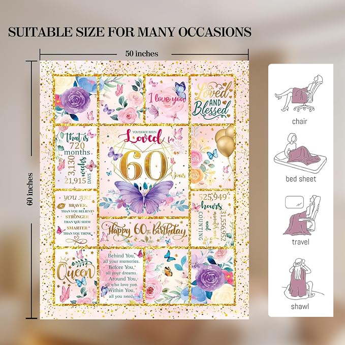 60th Birthday Gifts for Her -60 Year Old Gifts for Women Mom -60th Milestone Birthdays Blanket - 60th Birthday Blanket for Women - Warm Soft Plush Flannel Throw Blankets (60"x50")
