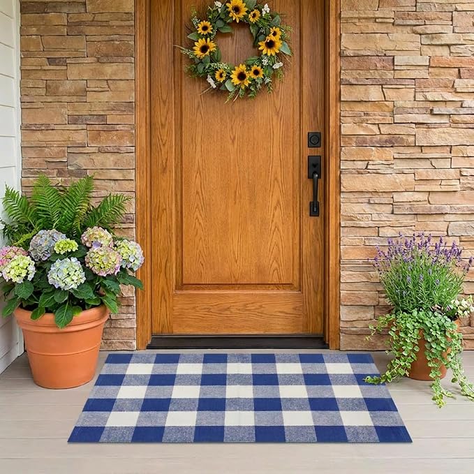 SEEKSEE Buffalo Plaid Outdoor Rug 27.5x43 Blue and White Front Door Mat, Layering Rug for Porch, Summer Doormat, Front Porch Rug for Outdoor Entrance Entryway Patio Porch Decor