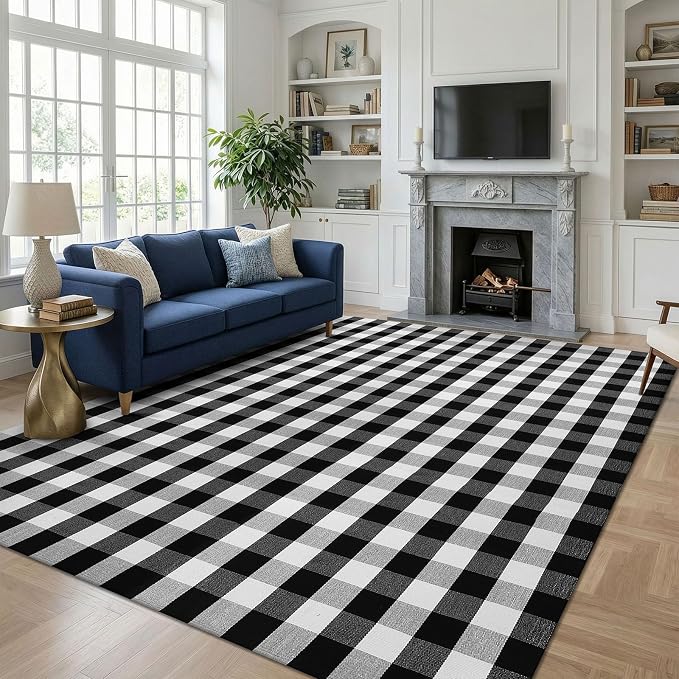 KOZYFLY Buffalo Plaid Area Rug 8x10 ft Living Room Rug, Black and White | Washable Checkered Rugs, Cotton Bedroom Rug, Woven Dining Room Rug, Indoor Outdoor Carpet for Farmhouse Patio Front Porch