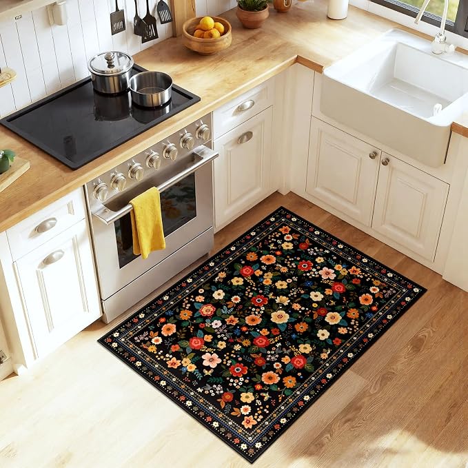 Washable Floral Area Rug for Living Room 2x3 Black | Non-Slip，Vacuum-Friendly, Low Pile, Flower Carpet for Bedroom Kitchen Entryway Dining Room Office Nursery