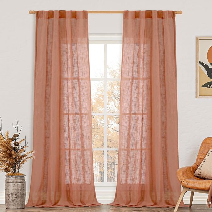 Terracotta Sheer Linen Curtains for Bedroom Living Room 2 Panels | 84 Inch Length, Light Filtering, Semi Sheer Panels, Fall Decor Drapes for Living Room, Rod Pocket Back Tab, 34 x 84 Inch