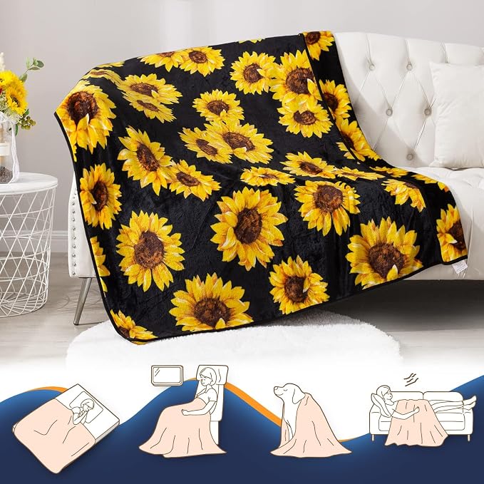 Sunflower Blankets Gifts for Women, Double-Sided Throw Blanket Cute Bedding for Girls, Lightweight Flannel Cozy Plush for Adult Kids, Sunflowers Girly Bedroom Decor (Black and Yellow)50x60 inch