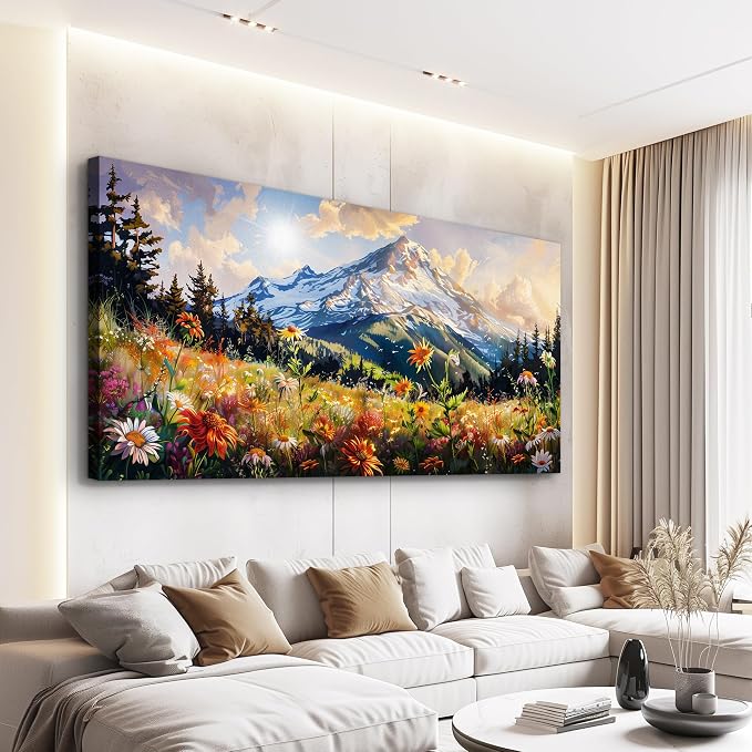 FUHAIHUA Large Framed Wall Decor For Living Room Canvas Wall Art For Office Farmhouse Wall Decorations For Bedroom Mountain Flower Landscape Paintings Modern Pictures Artwork Home Decor 24x48 In