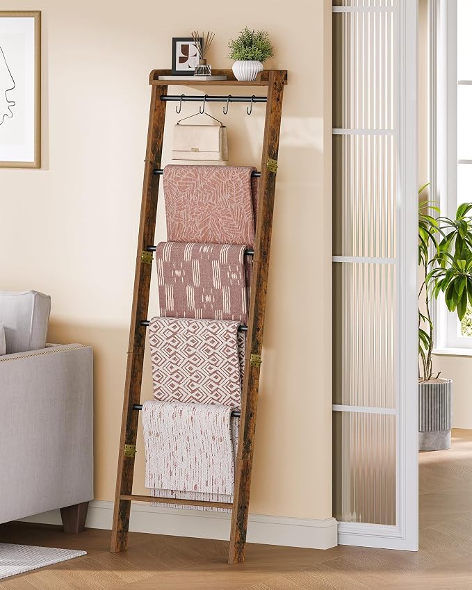 Hzuaneri Blanket Ladder Shelf, Farmhouse Ladder Holder, Blanket Organizer | 7-Tier Decorative Quilt Rack with 4 Removable Hooks 7.9" D x 17.3" W x 66.9" H, Rustic Brown BR36801B