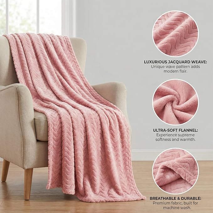 Exclusivo Mezcla Soft Fleece Blanket Twin Size for Bed, Sofa, Pink | 90"x66" Breathable Lightweight Flannel Blanket for Summer, Plush Cozy Jacquard Wave for Home Decor