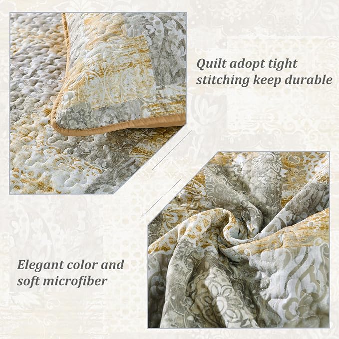 Mybedsoul Yellow Boho Quilt Queen Size, Patchwork Floral Bedding Set | Soft Lightweight Microfiber Coverlet Set, 3 Pieces Reversible Plaid Bedspread, Bed Sets for All Seasons 96"x90"