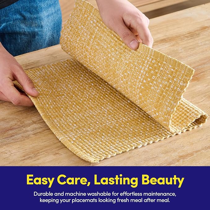 Sweet Home Collection 100% Cotton Placemats for Dining Room Rectangle Two Tone Woven Fabric 13" x 19" Soft Durable Table Mat Set, Set of 6, Gold