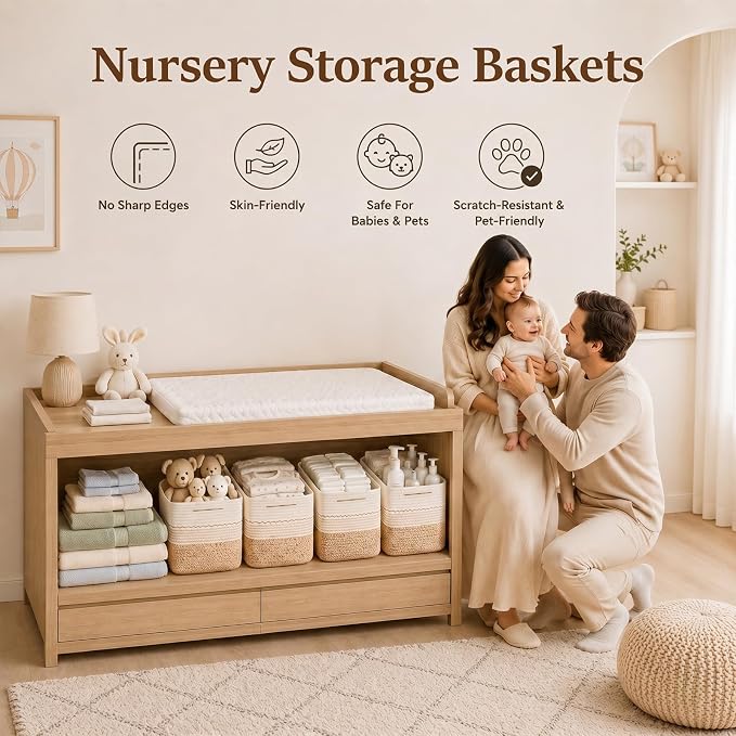 OIASKET 4 Pack Storage Baskets for Organizing, 13"X9"X7.87", Decorative Cotton Rope Baskets for Shelves, Small Woven Basket for Toys, Books and Towels, Brown & White