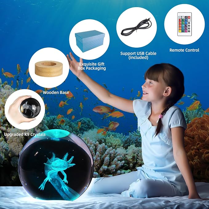 3D Axolotl Crystal Ball Night Light, Upgraded 3.15 Inch Glass Ball Lamp with 16 Color LED Wooden Base, Axolotl Decor Birthday Holiday Christmas Gifts for Boys Girls Friends (Axolotl-1)