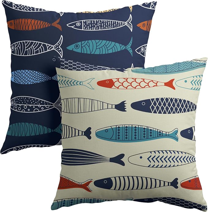 Fish Throw Pillow Covers Decorative Cotton Linen Pillowcases Colorful Fish Pillow Case Set of 2 Nautical Theme Square Cushion Covers for Sofa Bedroom Couch Home Outdoors