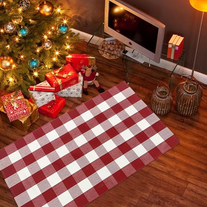 USTIDE Red and White Buffalo Plaid Rug 3'x5', Christmas Front Porch Rug Cotton Hand-Woven Checkered Outdoor Rug Washable Layered Door Mats Carpet for Porch/Entryway