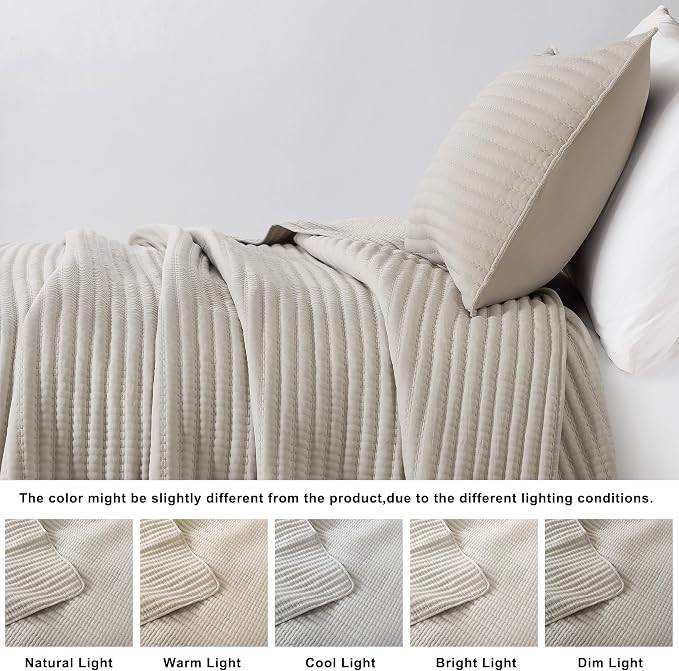 WDCOZY King Size Pick Stitch Quilt Set, 3 Pieces 104x90 inches, Beige | Striped Lightweight Bedspread, Channel Farmhouse Coverlet, Thin Bedding Comforter, All Season Summer Spring, 2 Pillow Shams