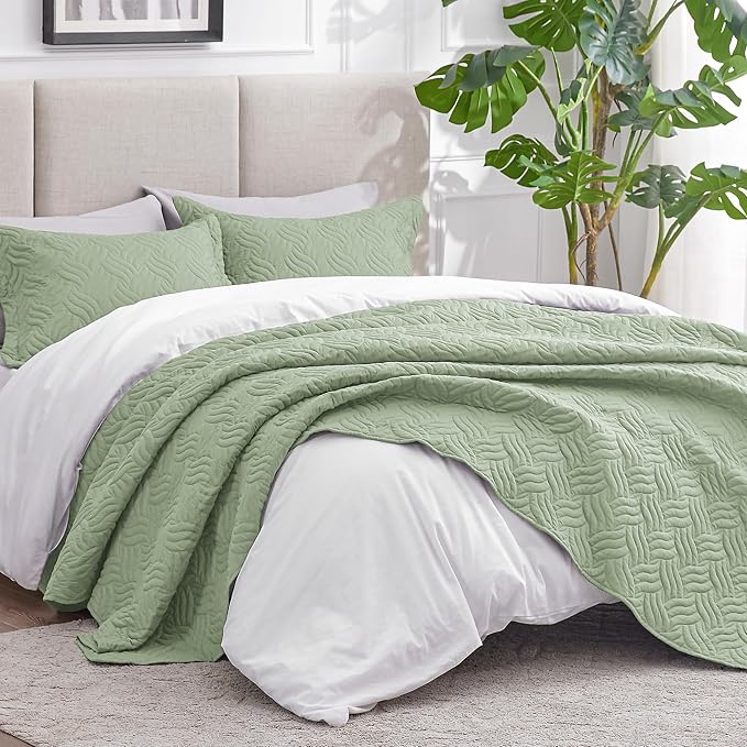Love's cabin Twin Quilt Bedding Set Sage Bedspreads - Soft Bed Summer Lightweight Bedspread Comforter - Wave Pattern Bedding Coverlet for All Season - 2 Pieces (1 Quilt, 1 Pillow Sham)