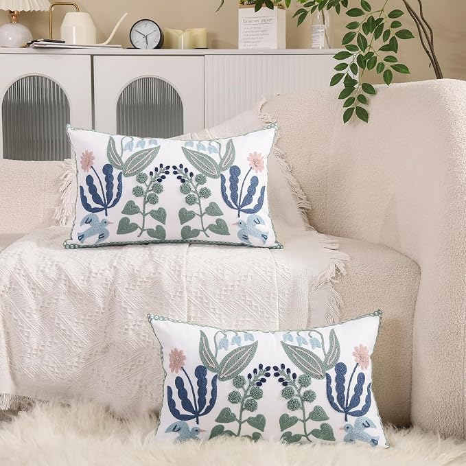 Embroidered Throw Pillow Covers 12x20 inch Set of 2 Blue Birds | Durable Fabric,Lumbar Pillow Cover,Boho Decorative,Hidden Zipper,Aesthetic Design,Ideal Gift,Machine Washable