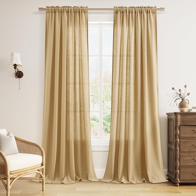 Gold Yellow Linen Curtains 120 Inches Long 2 Panel Set Rod Pocket Semi Sheer Dining Room Cozy Bedroom Decor Cotton Look Country Rustic Farmhouse Boho Curtains 52x120