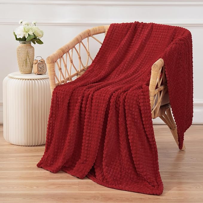 Puncuntex Fleece Throw Blanket Red 90"×90" with Square Grid Design | Super Soft Plush Cozy Flannel Throw Blanket Luxury for Couch Sofa Chair