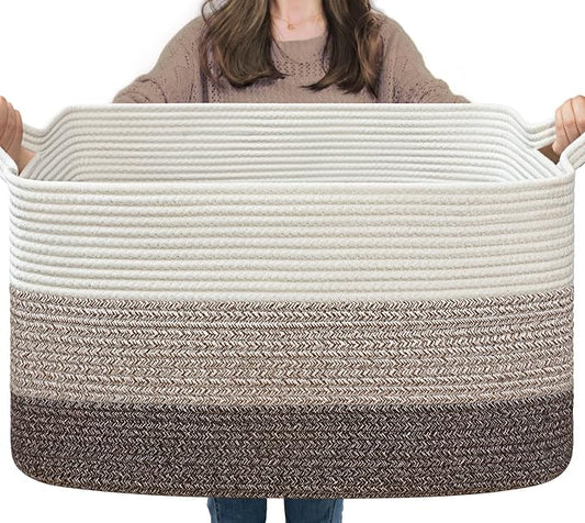 Goodpick Large Woven Rope Blanket Basket, Rectangle, White Brown | 21.6'' x 14.9'' x 11.8'' Storage Basket for Blankets & Toys, Living Room, Bedroom & Nursery Organization, Reinforced Handles