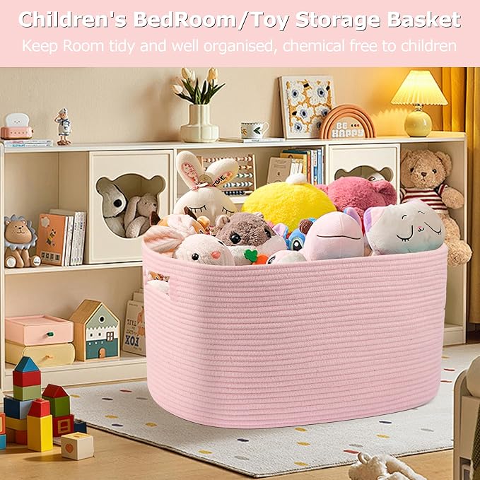 75L Large Woven Storage Basket, Pink Cotton Rope Laundry Hamper with Handles, 22”x17”x12” Rectangle Blanket Basket for Toys, Clothes, Pillows, Nursery and Living Room,Shelf Basket