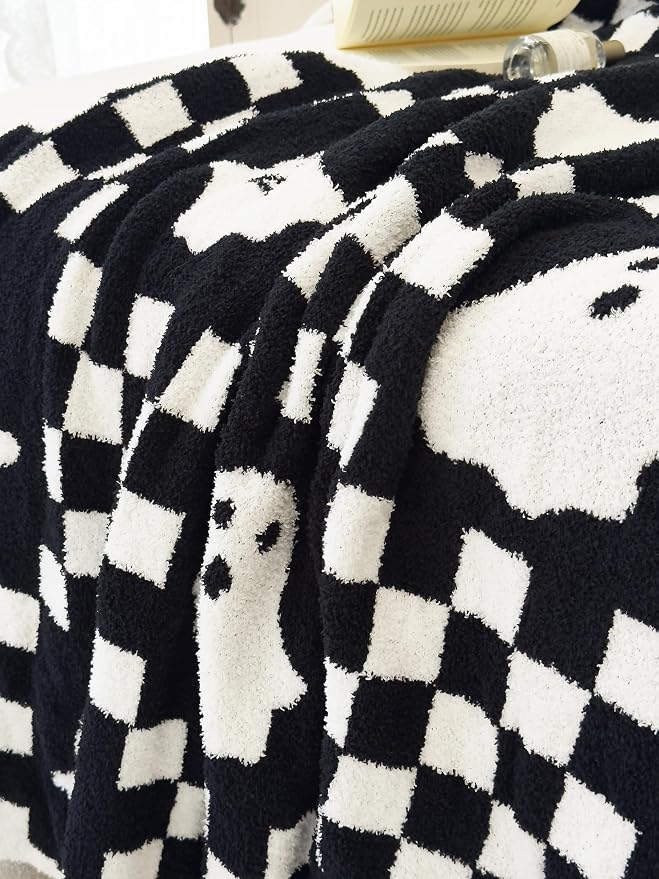 Ultra Soft Cozy Checkered Ghost Halloween Knitted Baby Blanket Fluffy Microfiber Checkerboard Bed Blanket Lightweight Both Sides t for Couch Sofa Bed 30"X40"Black